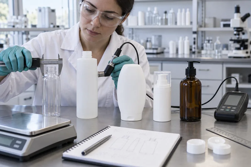 Packaging engineer measuring the diameter and wall distribution of PET, HDPE, airless and glass lotion bottles