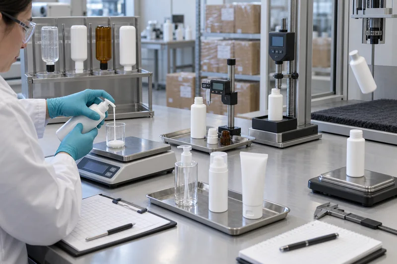 Quality technician testing lotion bottle pump output, leakage, dimensions, actuation force and package strength
