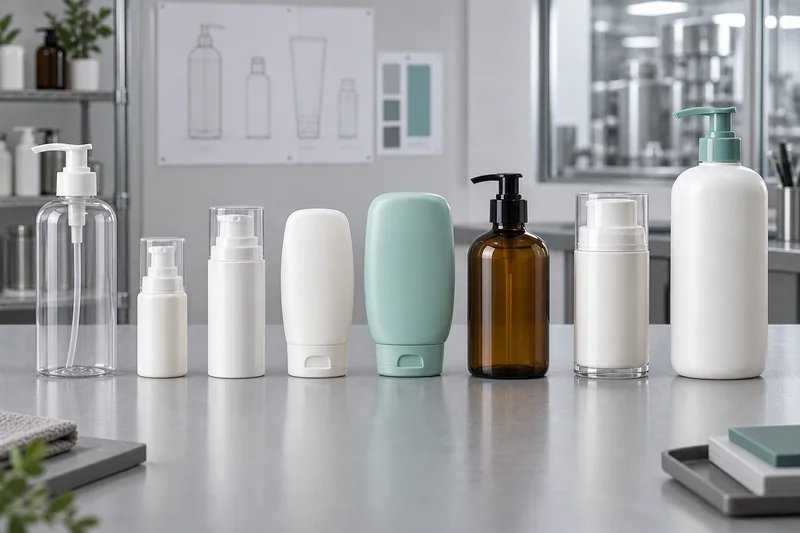 Eight body lotion bottle types including PET and glass pump bottles, airless packs, squeeze bottles and a family-size dispenser