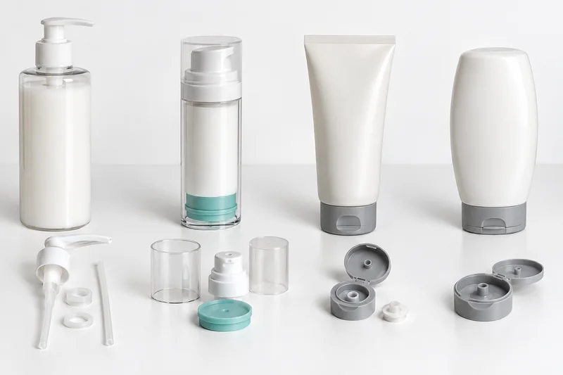 Standard dip-tube pump, piston airless pack, squeeze tube and inverted lotion bottle shown with dispensing components