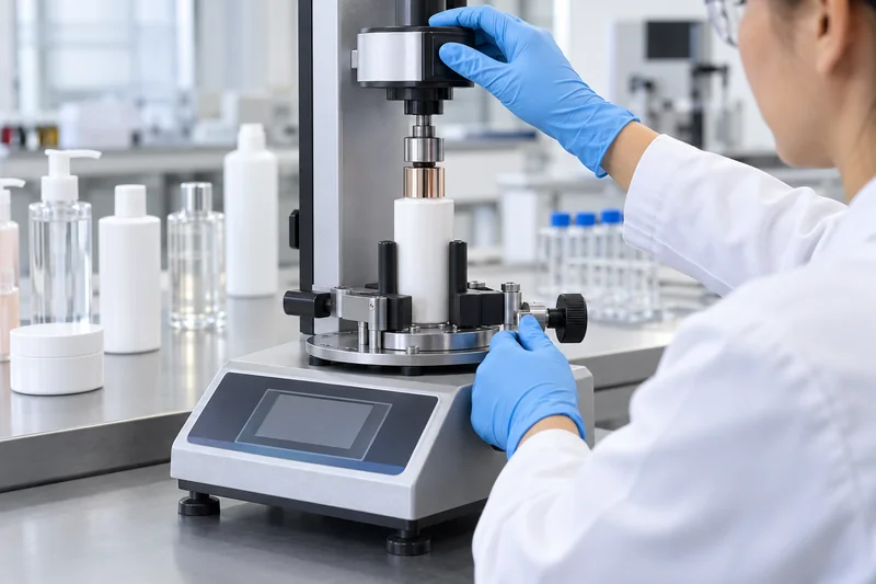 Quality engineer measuring bottle cap torque on a cosmetic bottle with a digital torque tester