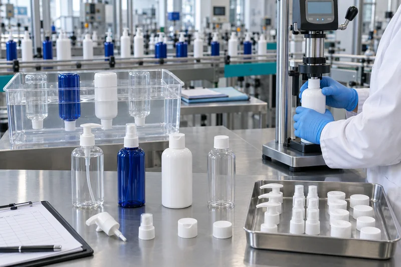 Technician testing closure torque and leak resistance on plastic cosmetic bottle assemblies
