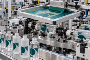 Rotary silk screen printing line decorating glass and plastic cosmetic bottles