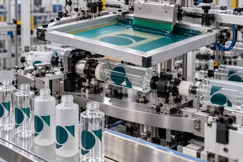 Rotary silk screen printing line decorating glass and plastic cosmetic bottles