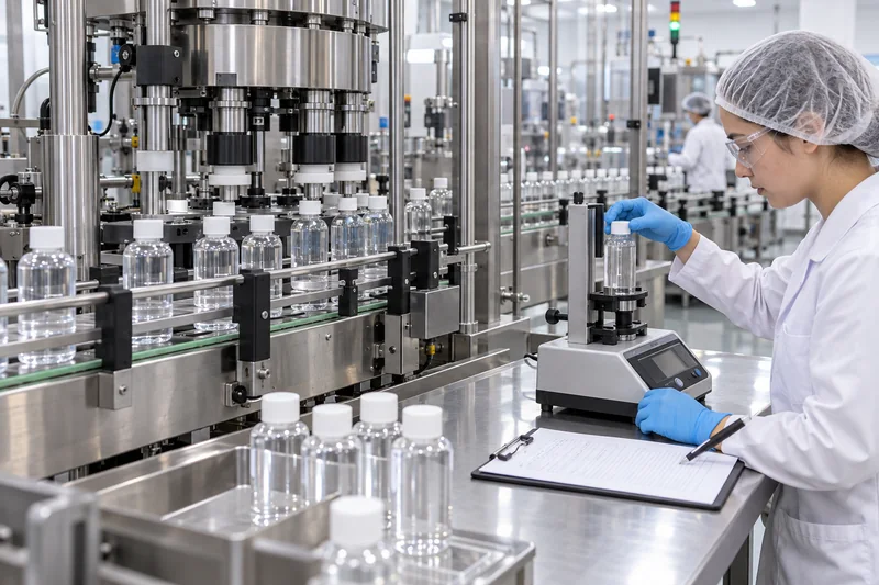 Factory technician checking bottle cap torque beside an automatic cosmetic bottle capping line