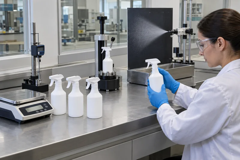 Técnico de empaque que realiza pruebas en botellas de aerosol químico para verificar el peso, la resistencia de las paredes, las fugas y el patrón de rociado