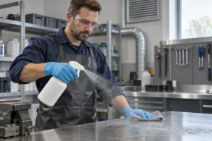 Un técnico utiliza de manera segura un rociador con gatillo de HDPE opaco en un área de trabajo de mantenimiento industrial