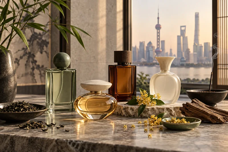 Markenlose, moderne Parfümflakons mit Teeblättern, Osmanthus, Bambus, Zeder und Weihrauch, die chinesische Duftstile verkörpern