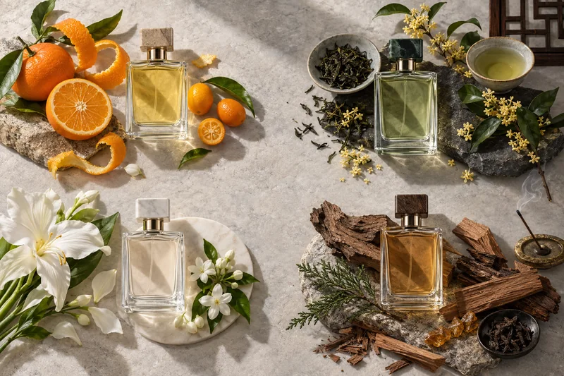 Vier Parfümflakons ohne Markenzeichen, komponiert aus Zitrusnoten, Tee und Osmanthus, weißen Blüten sowie Zedernholz und Weihrauch