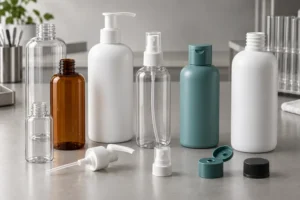 Unbranded plastic cosmetic bottles showing several threaded neck finishes with pumps, sprayers and caps