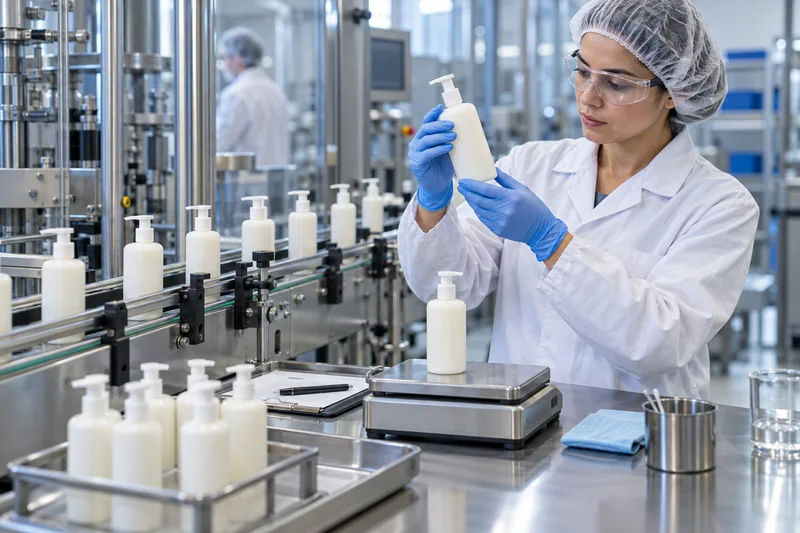 Inspektor an einer Abfüllanlage für Kosmetikprodukte, der Pumpflaschen prüft und das Füllgewicht auf einer Tischwaage überprüft