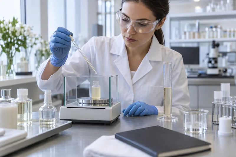 Qualitätstechniker, der die Dichte einer Kosmetikformel mit einer Waage, einer Pipette und einem Messzylinder misst