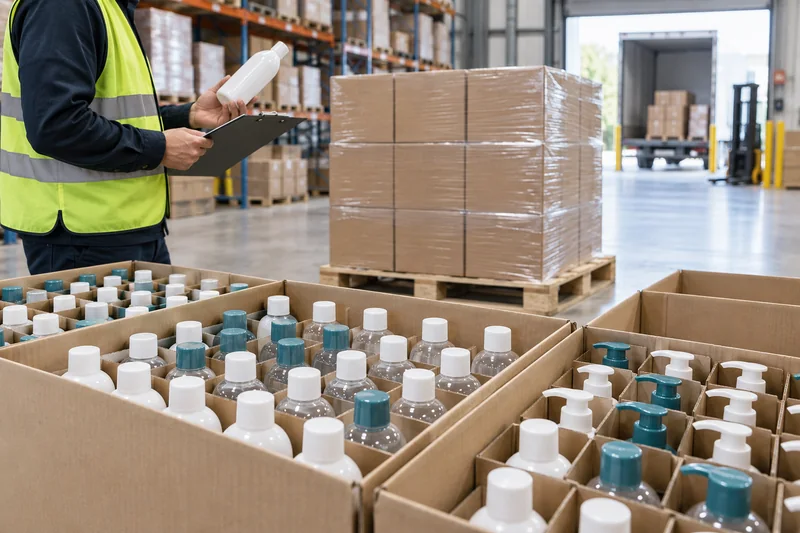 Shampooflaschen aus Kunststoff, verpackt in Schutztrennwänden für die Exportkontrolle