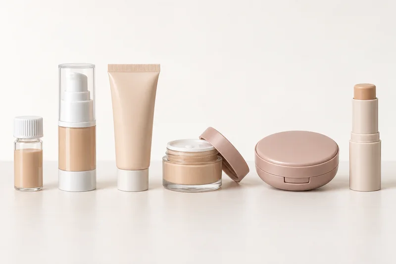 Vergleich zwischen einem Fläschchen mit Foundation, einer Airless-Pumpe, einer Tube, einem Mini-Tiegel, einer Kompaktpuderdose und einem Foundation-Stick