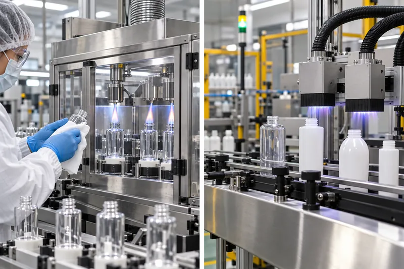 Controlled pretreatment stations for glass and plastic bottles before screen printing