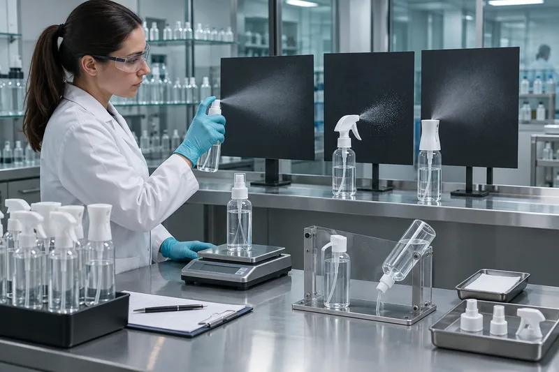 Técnico que evalúa el caudal, el patrón de pulverización, la recogida del tubo de aspiración y las fugas de un envase de spray para el cabello en un laboratorio de empaque