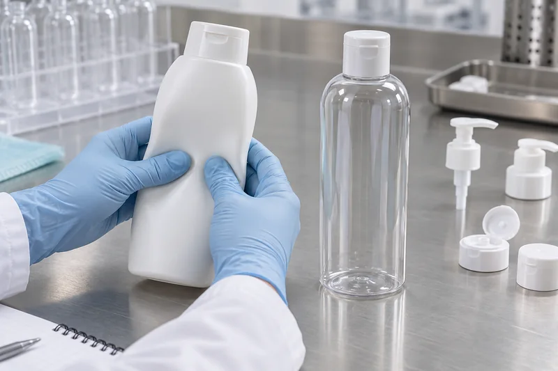Verpackungsingenieur beim Vergleich von knirschbaren HDPE- und starren, durchsichtigen PET-Shampooflaschen