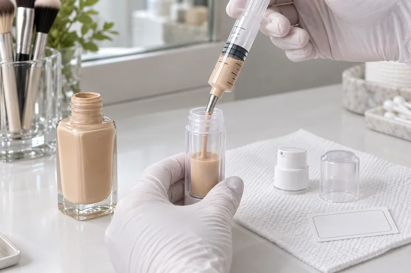Mit Handschuhen bekleidete Hände füllen mit einer sauberen Spritze mit stumpfer Spitze flüssige Foundation in eine nachfüllbare Airless-Reisepumpe um
