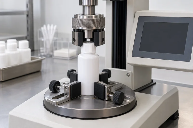 Cosmetic bottle secured in a digital tester for bottle cap removal torque measurement