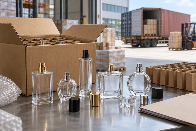 Leere Parfümflaschen aus Glas und Exportkartons, bereitgestellt für den internationalen Versand aus China