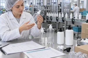 Ingeniero de empaque que inspecciona frascos de PET transparente y HDPE opaco con dosificador para lociones junto a una línea de producción de una fábrica