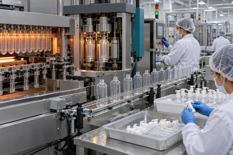 PET lotion bottles moving from stretch blow molding to pump component assembly in a packaging factory