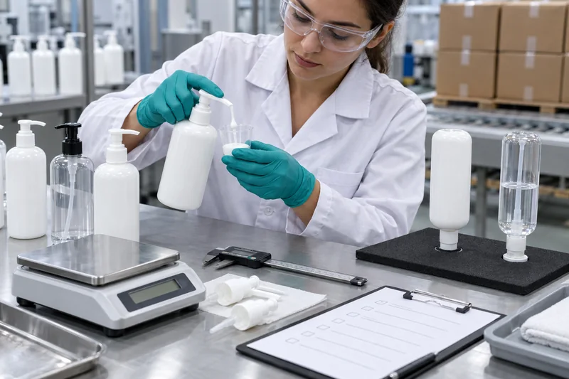 Quality technician measuring lotion bottle weight, neck dimensions, pump output and leakage