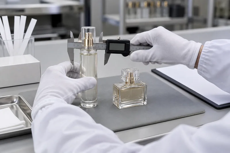 Packaging technician measuring tall and rectangular 30 mL glass perfume bottles with a digital caliper