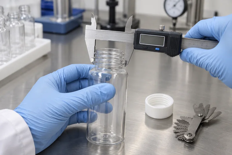 Quality engineer measuring the outer thread diameter of a plastic bottle neck finish with a digital caliper