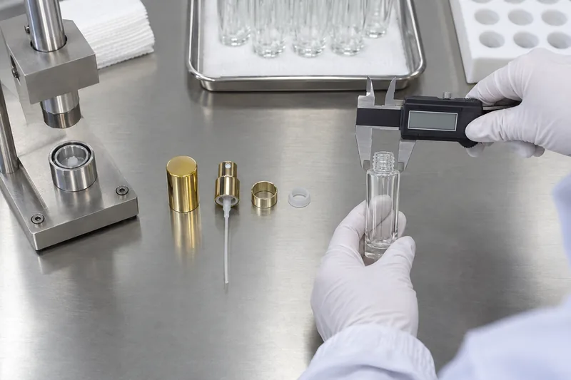Qualitätstechniker, der den Hals einer Mini-Parfümflasche neben den Komponenten Pumpe, Kragen, Dichtung und Verschlusskappe vermisst