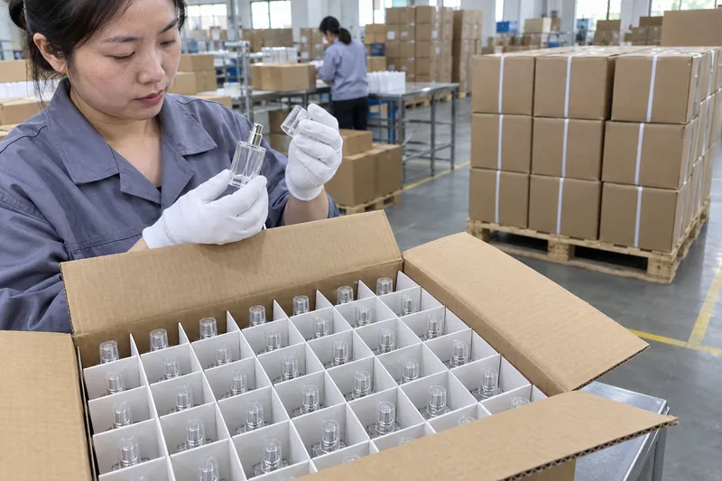 Leere Mini-Parfümfläschchen, getrennt durch Schutztrennwände, für den Großhandelsexport