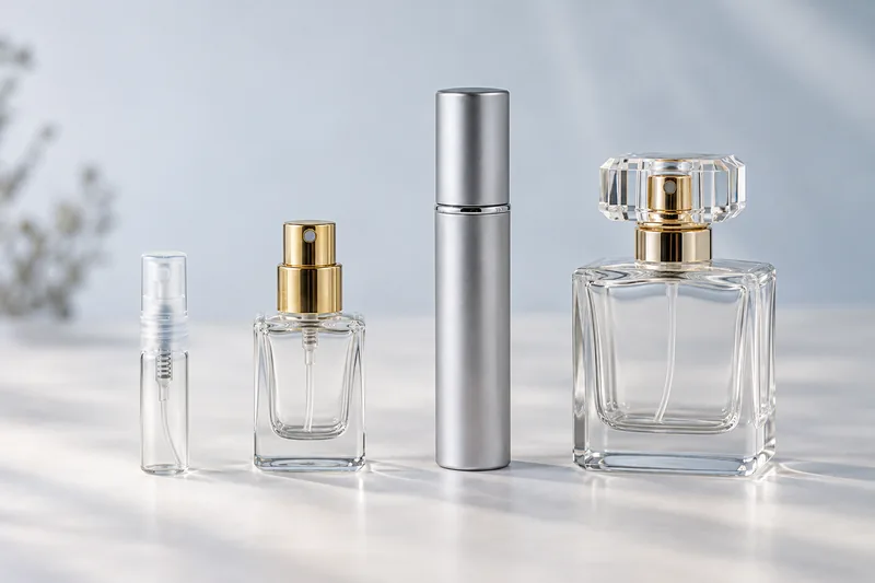 Ein leeres 1-ml-Probenfläschchen, ein 5-ml-Mini-Parfümfläschchen, ein 10-ml-Reisezerstäuber und ein 15-ml-Parfümfläschchen im Größenvergleich