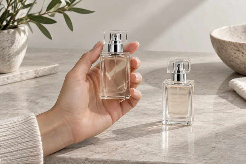 Compact unbranded 30 mL glass perfume bottle held in an adult hand beside a matching bottle