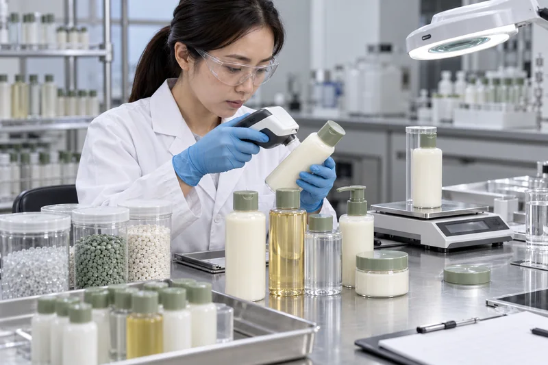 Técnico de calidad que revisa el color y la consistencia de los envases de cosméticos PCR en un laboratorio