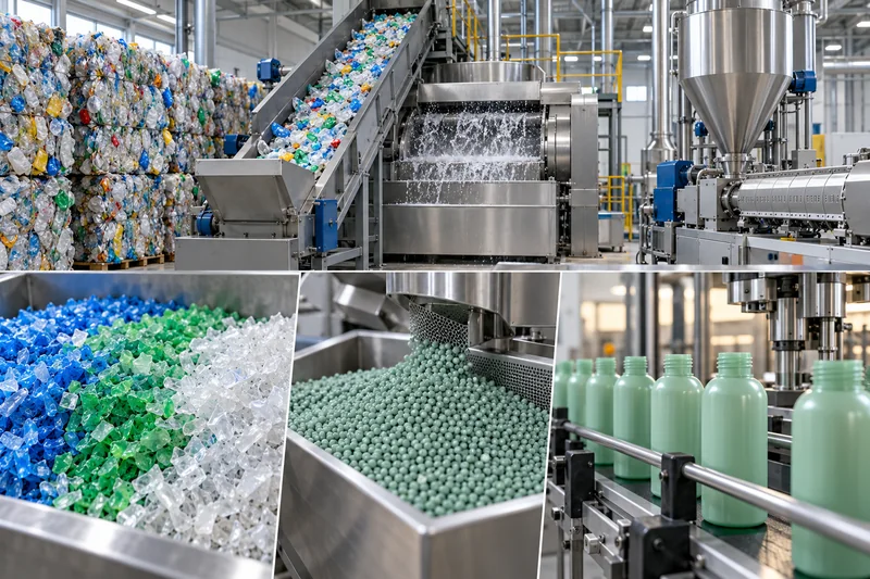 Proceso de reciclaje mecánico de plástico posconsumo clasificado para producir escamas, gránulos y botellas de cosméticos