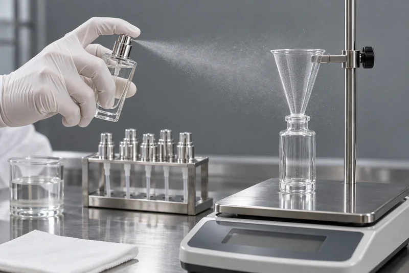 Gloved technician checking the fine mist from a small perfume atomizer with laboratory collection equipment