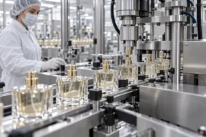 Automatic perfume bottle crimping line attaching atomizer pumps to glass bottles