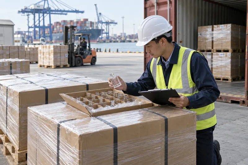 Auf Paletten gestapelte Kartons mit Parfümflaschen werden neben einem Versandcontainer an einem Exportterminal geprüft