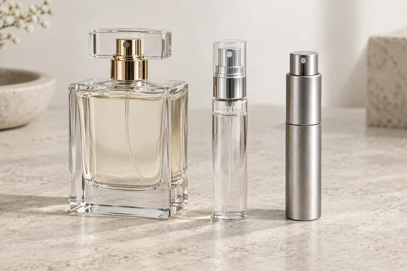 Comparación entre un frasco de perfume de vidrio transparente, un atomizador de viaje de PET transparente y un atomizador de metal cepillado