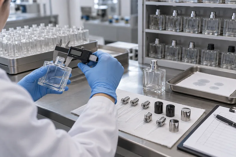 Techniker, der den Hals einer Parfümflasche aus Glas neben Pumpen, Verschlüssen und zurückbehaltenen Qualitätskontrollproben misst