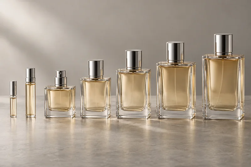 Frascos de perfume sin marca, ordenados desde un pequeño frasco de muestra hasta grandes frascos de vidrio para venta al por menor