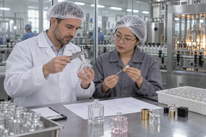 Ein Einkäufer und ein Qualitätsingenieur des Herstellers prüfen den Flaschenhals, die Pumpe und die technische Zeichnung eines Parfümflakons