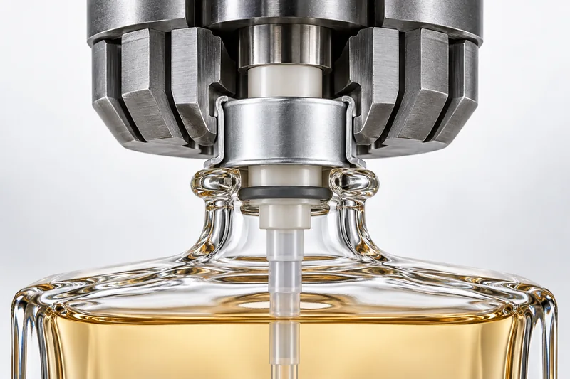 Vista en corte de una pinza de engarzado que forma un casquillo de aluminio alrededor del cuello de una botella de perfume FEA