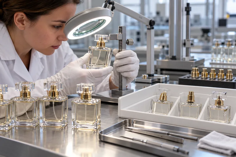 Técnico de calidad que mide e inspecciona conjuntos de atomizadores de frascos de perfume con engarzado