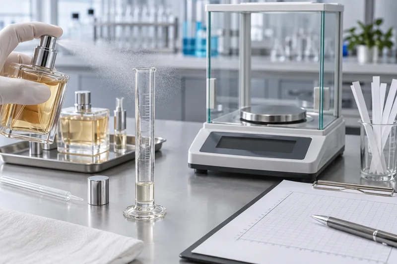 Se está midiendo el caudal del atomizador de perfume con un cilindro graduado y una balanza de precisión