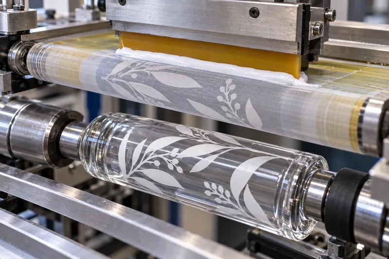 Close view of a rotary screen transferring white ink onto a glass bottle