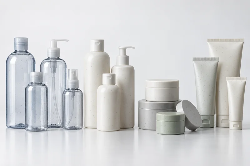 Comparación entre botellas de rPET, botellas de rHDPE, frascos de rPP y tubos cosméticos de PE reciclado