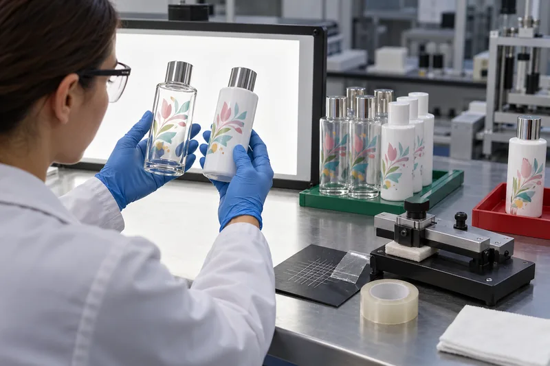 Quality technician checking multicolor screen printing adhesion on glass and plastic bottles