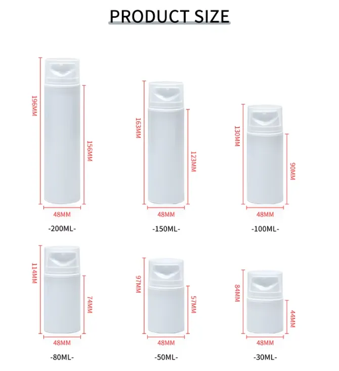 Botellas de polipropileno blanco con bomba dosificadora sin aire para productos de cuidado de la piel, de 30 ml a 150 ml, con atomizador de bombeo de cierre seguro