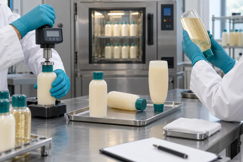 Techniker prüfen in einem Verpackungslabor das Verschlussdrehmoment und die Kompatibilität von Shampooflaschen